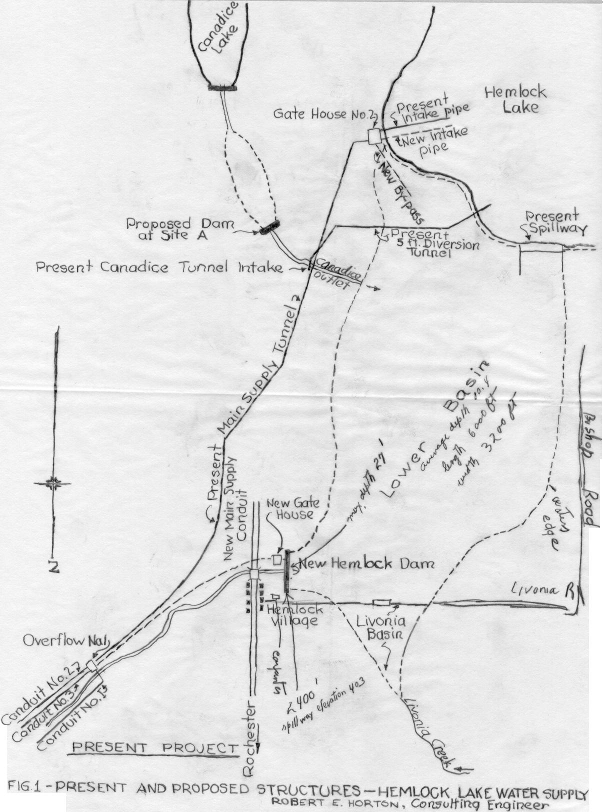 Present and proposed structures -
				Hemlock Lake Water Supply (Figure # 1)